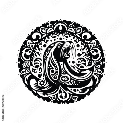 Sealion in bohemian black and white silhouette illustration -