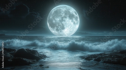 A serene moonlit night over calm ocean waves, highlighting the beauty and tranquility of nature's nocturnal landscape.