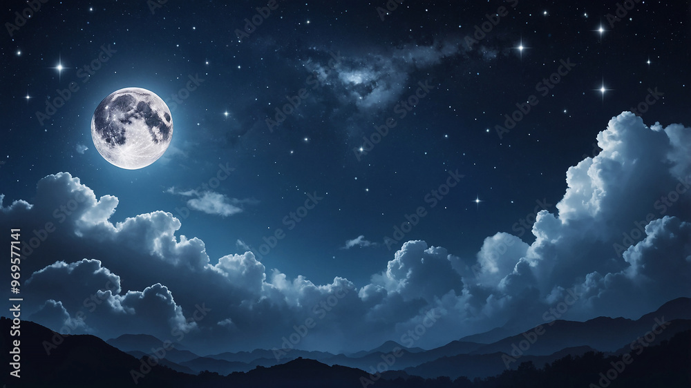 Luminous full moon glowing amidst a sky filled with twinkling stars and surrounded by puffy clouds. Luminous full moon glowing amidst a sky filled with twinkling stars and surrounded by puffy clouds.