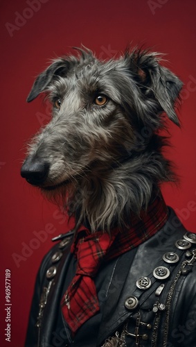 Surreal portrait of a Scottish Deerhound in a punk outfit on a bold red backdro photo