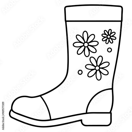 rubber boot with flowers outline coloring book page line art drawing