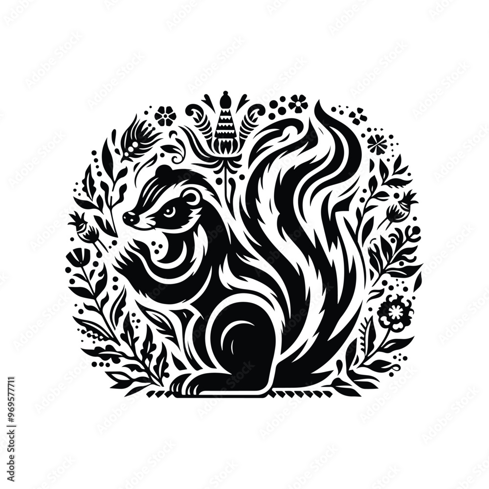 Skunk in folk art black and white silhouette illustration - Skunk in folk art black and white silhouette illustration -