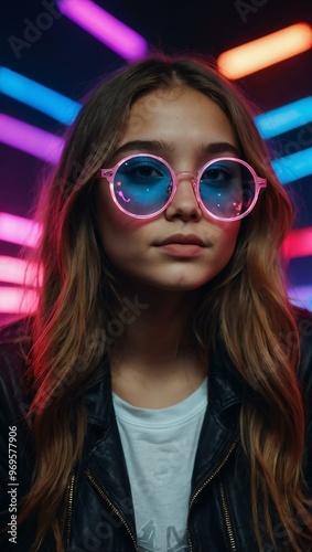 Teen girl in glasses enjoying neon lights and music.