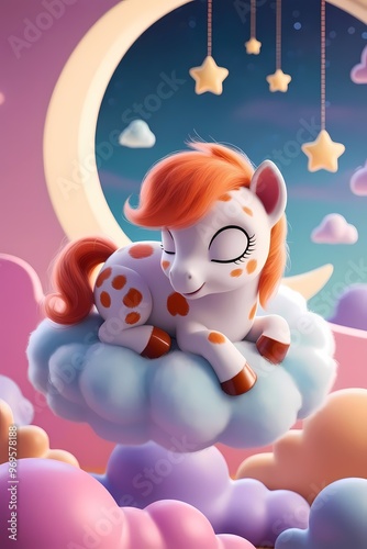 Fluffy Dream Pony on a Cloud - Adorable Fantasy Illustration photo