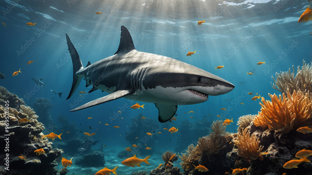 Fototapeta premium Shark surrounded by golden fish in a sunlit underwater seascape with coral and serene blue water