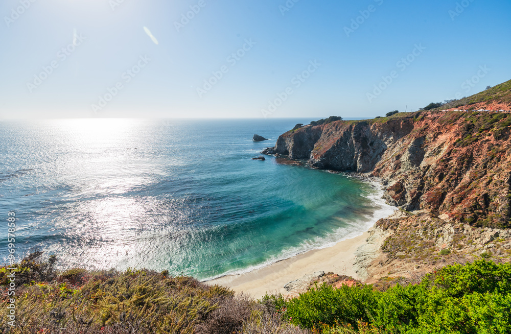 Beautiful landscape of Pacific Ocean coast along Highway 1 and Big Sur, aerial view, sunset, sunrise, fog. Concept, travel, vacation, weekend Beautiful landscape of Pacific Ocean coast along Highway 1 and Big Sur, aerial view, sunset, sunrise, fog. Concept, travel, vacation, weekend