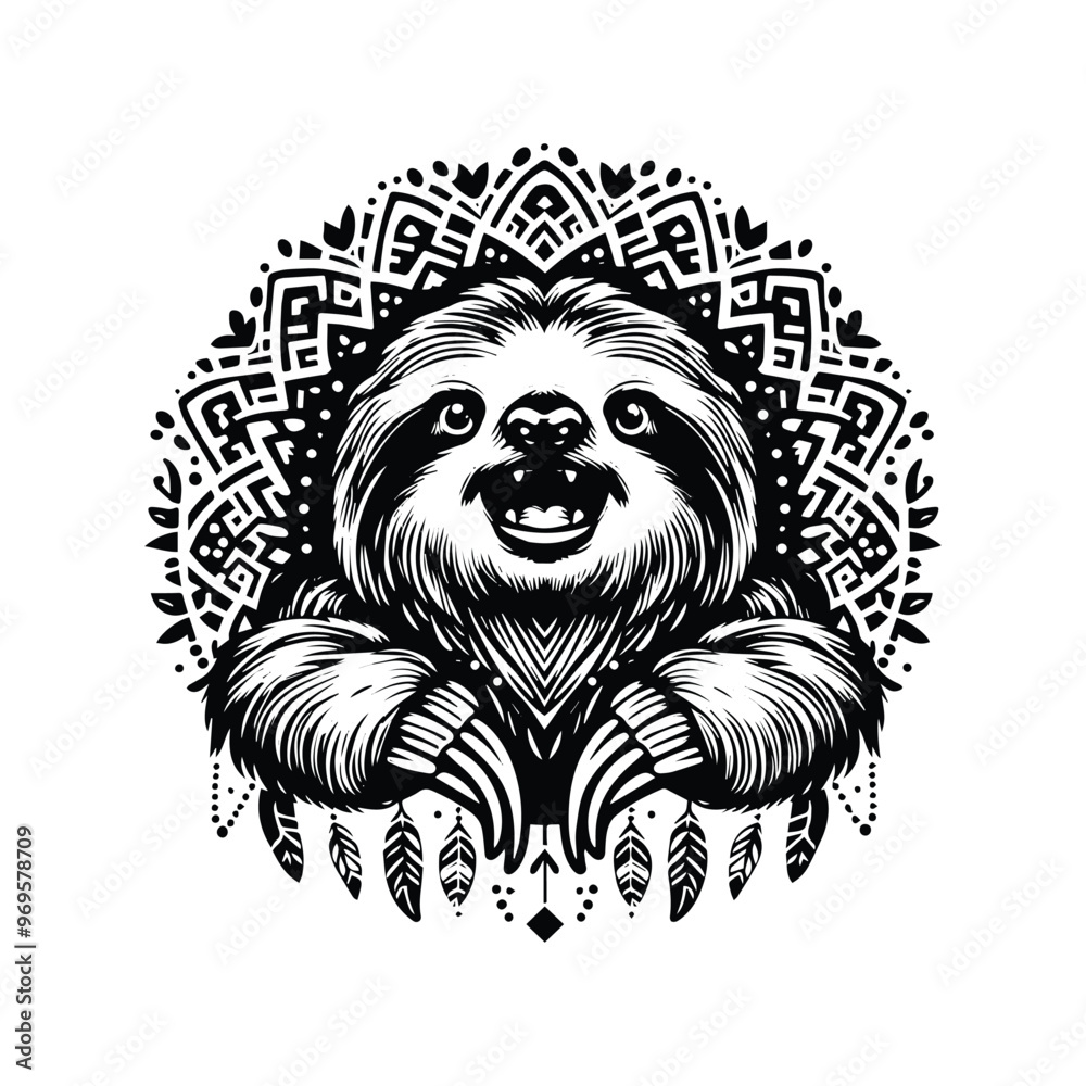 Obraz premium Sloth in bohemian black and white silhouette illustration -