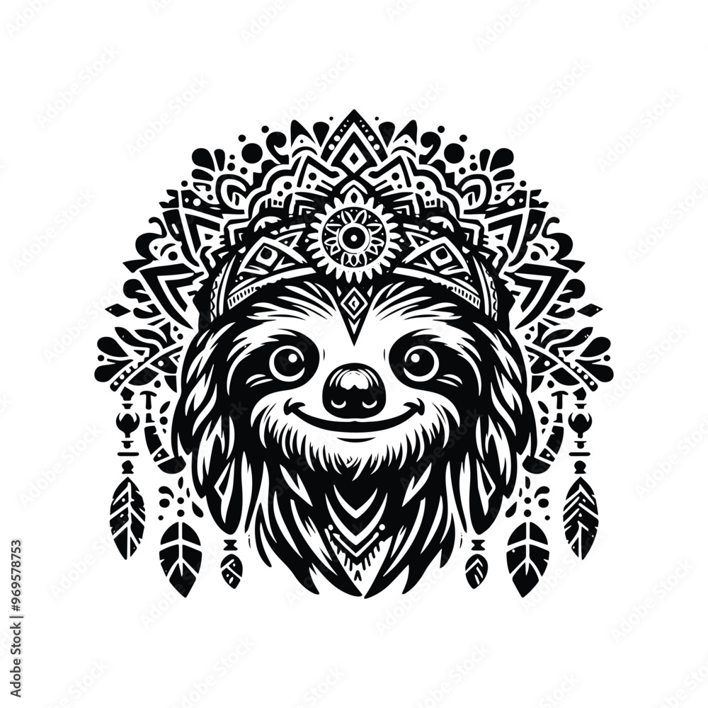 Fototapeta premium Sloth in bohemian black and white silhouette illustration -