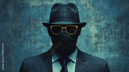 A man in a suit and hat with sunglasses on his face photo