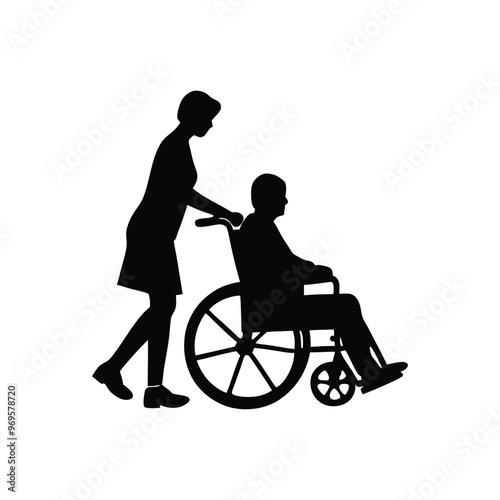 A Disable man sitting on the Wheel Chair and a woman helping the man, silhouette vector art illustration, isolated white background