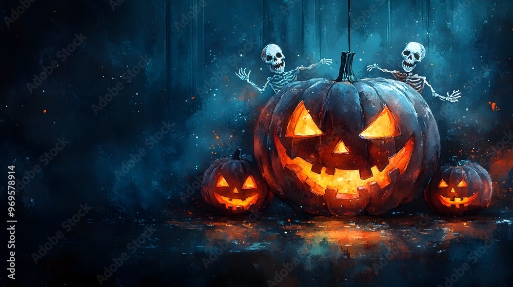 Fototapeta premium Eerie Watercolor Wreath with Glowing Jack-o'-Lanterns and Skeletons on Haunted Door