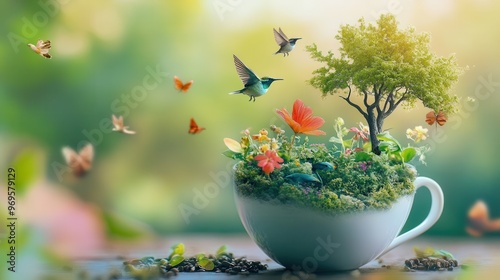 A vibrant cup overflowing with greenery, butterflies, and birds, symbolizing nature's beauty and harmony in a serene environment.