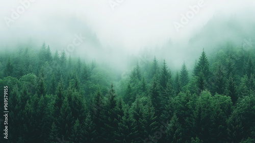 Foggy Mountain Peaks Above a dense forest