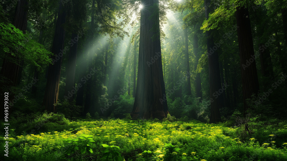 Obraz premium A dense forest at sunrise beams of light