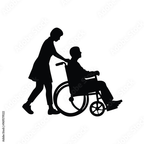 A Disable man sitting on the Wheel Chair and a woman helping the man, silhouette vector art illustration, isolated white background