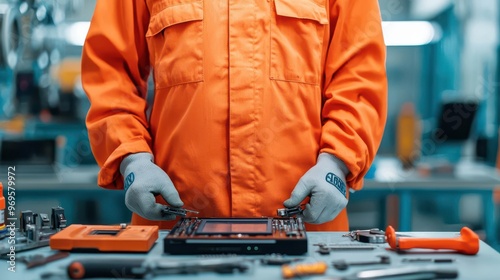 An orange-clad technician works on electronic equipment in a modern workshop, demonstrating precision and skill in repair. photo