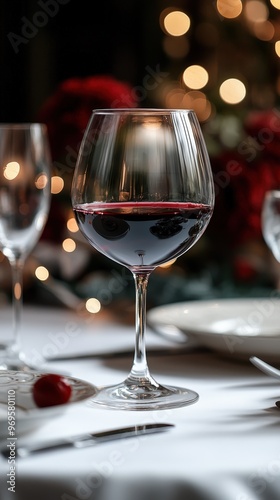 Glass of Red Wine on a White Tablecloth.