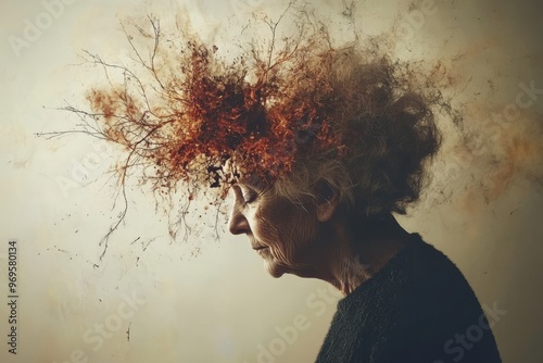 Hippocampus neuropeptides neuralplasticity and cognition womans hair blending into neural leaves symbolizing the connection between nature and intellect photo