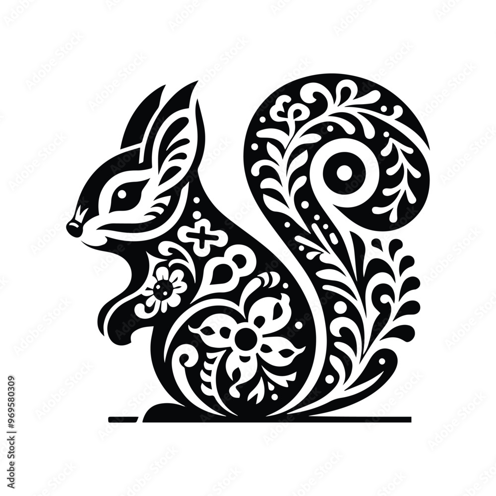 Squirrel in folk art black and white silhouette illustration - Squirrel in folk art black and white silhouette illustration -