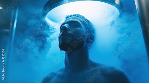 A man relaxes in a cryo chamber, surrounded by blue mist and soft light. The chamber creates a calm atmosphere while he undergoes cryotherapy treatment photo