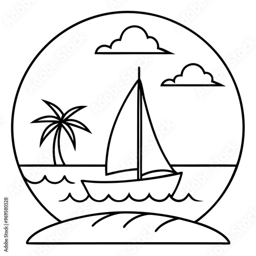 sailboat on island background outline coloring book page line art drawing