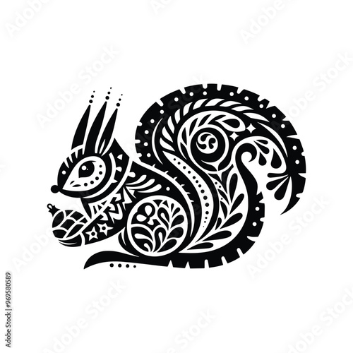 Squirrel in folk art black and white silhouette illustration -