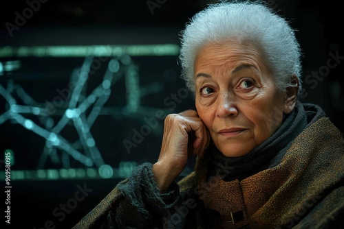 Diffusiontensor biocognition synaptogenesis and neurophotonics portrait of an elderly woman sitting peacefully by the window reflecting on life photo