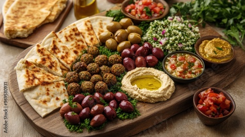 A beautifully arranged vegan mezze platter with falafel, hummus, baba ganoush, tabbouleh, olives, and pita bread, set on a large serving board with a side of olive oil photo