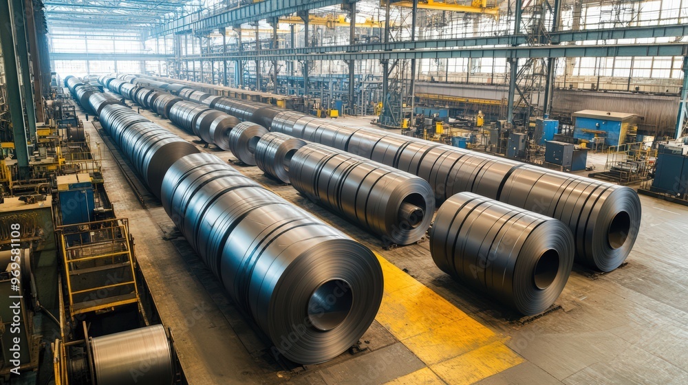 Roll steel, stainless or galvanized steel coil inside a factory or warehouse. Include overhead crane and hoist hook