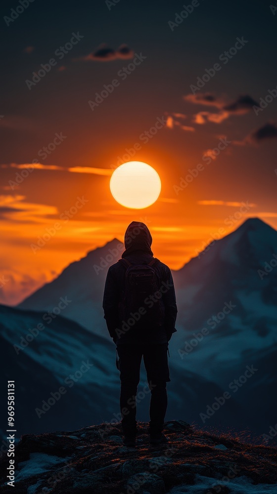 Obraz premium Man standing on a mountain top watching the sunset.