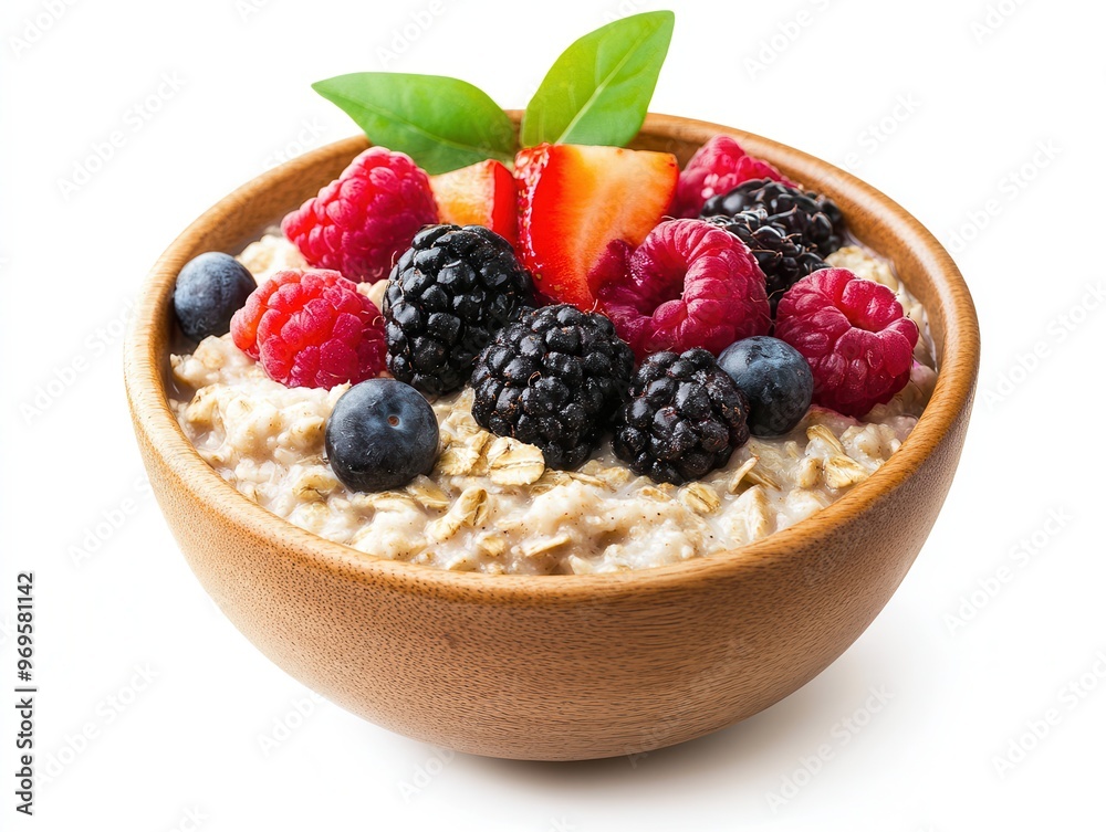 A wholesome bowl of oatmeal topped with fresh berries and a touch of green leaf, perfect for a nutritious breakfast. A wholesome bowl of oatmeal topped with fresh berries and a touch of green leaf, perfect for a nutritious breakfast.
