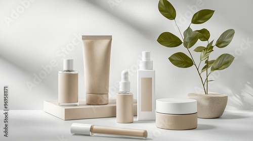 Wallpaper Mural Minimalist cruelty-free beauty products with a plant, symbolizing natural and ethical skincare. Torontodigital.ca