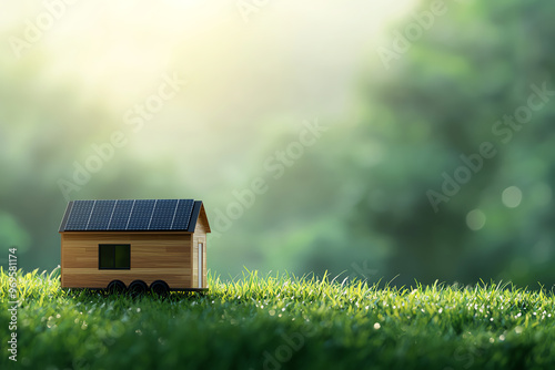 A modern wooden house with solar panels, nestled on green grass amidst a serene natural environment, perfect for eco-friendly living.