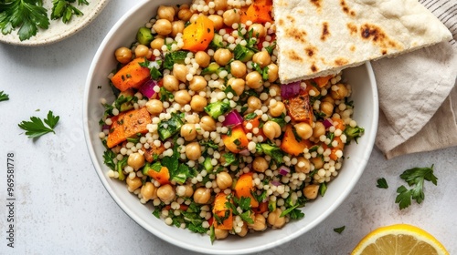 A light and refreshing vegan couscous salad with roasted vegetables, chickpeas, parsley and a lemon-herb dressing. Served in a large white bowl with a slice of pita bread.