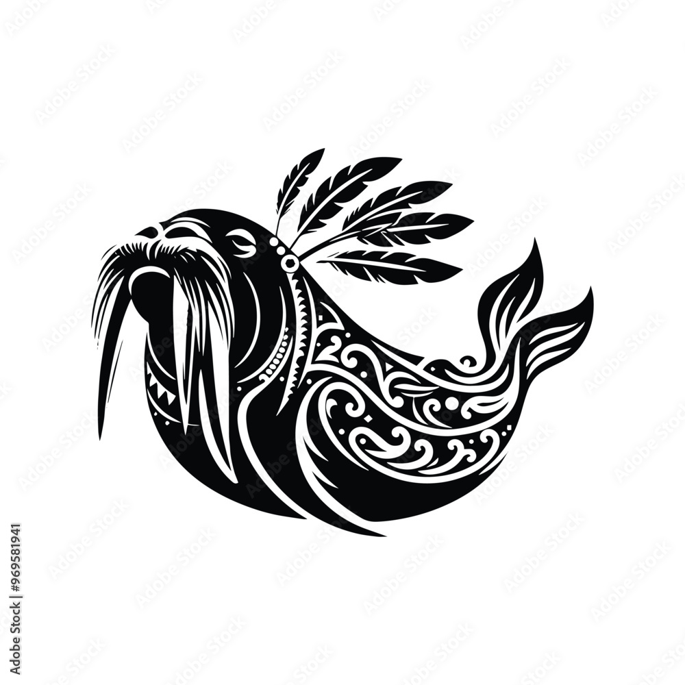 Walrus in bohemian black and white silhouette illustration - Walrus in bohemian black and white silhouette illustration -