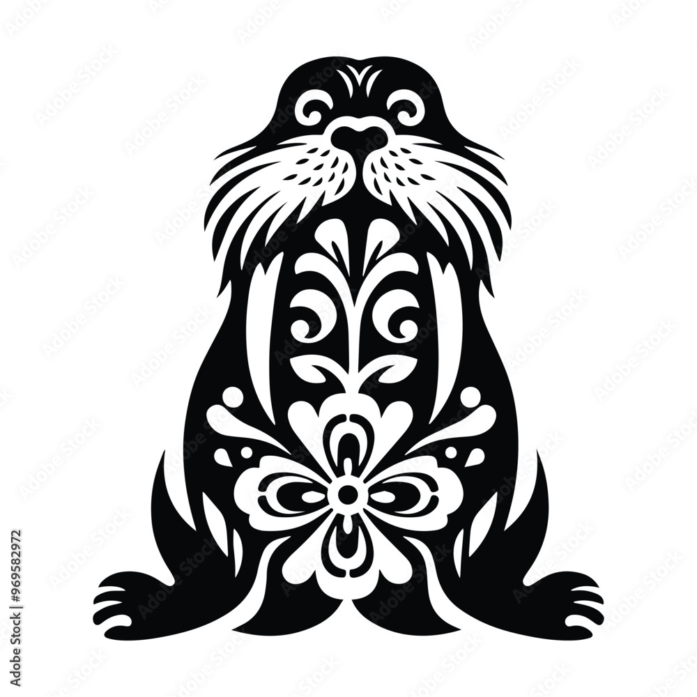 Obraz premium Walrus in folk art black and white silhouette illustration -