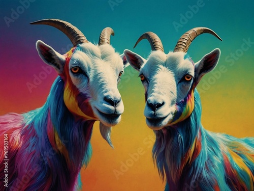 Vibrant vintage poster with a two-headed psychedelic goat, 60s-inspired design.