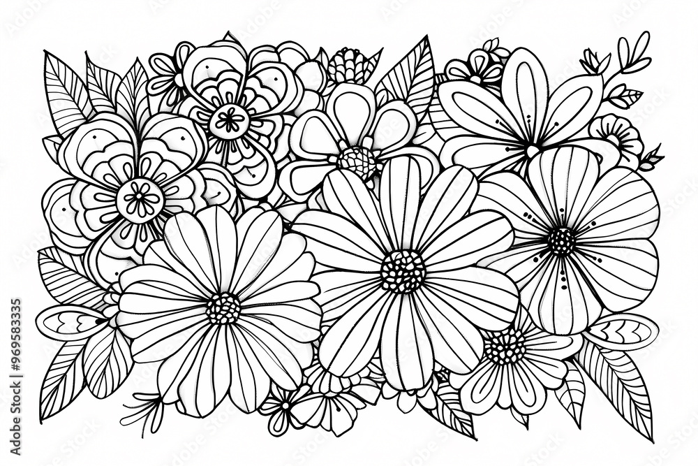 Fototapeta premium A detailed black and white illustration of assorted flowers, featuring intricate patterns and designs, perfect for coloring enthusiasts and art lovers.