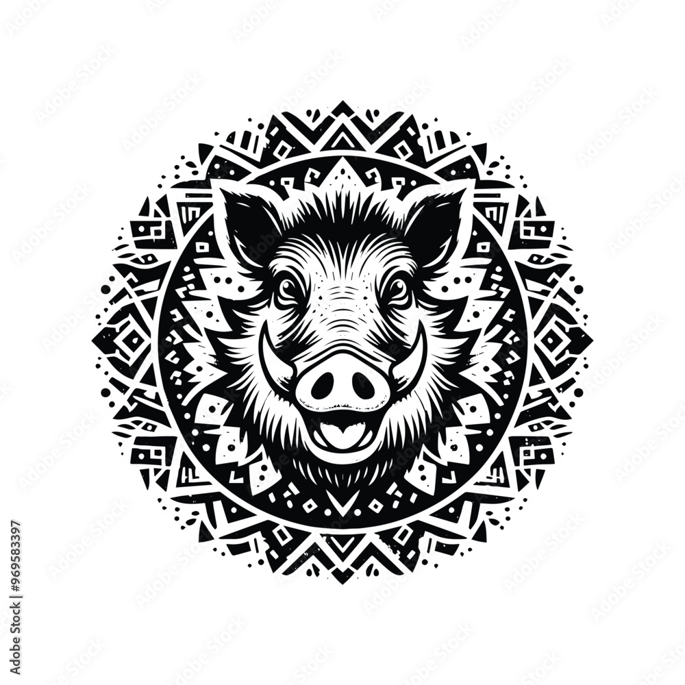 Obraz premium Wart hog in bohemian black and white silhouette illustration -