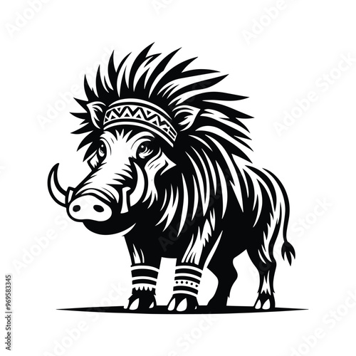 Wart hog in bohemian black and white silhouette illustration -