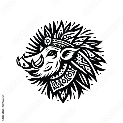 Wart hog in bohemian black and white silhouette illustration -
