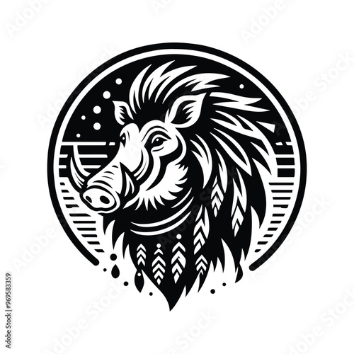Wart hog in bohemian black and white silhouette illustration -