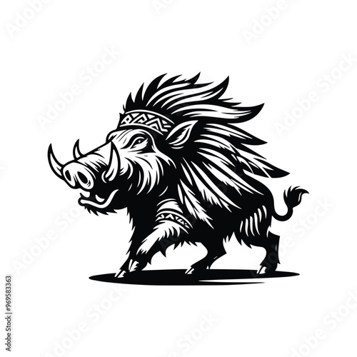 Wart hog in bohemian black and white silhouette illustration -
