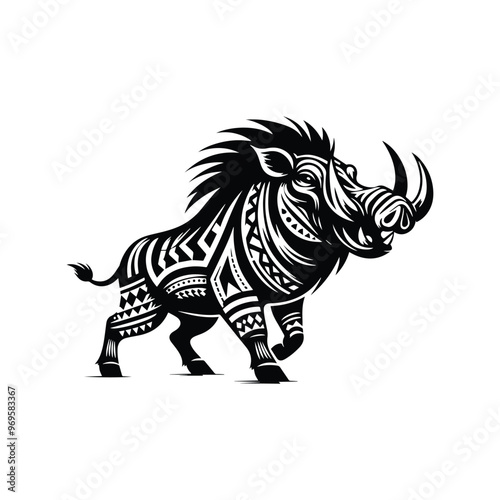 Wart hog in bohemian black and white silhouette illustration -