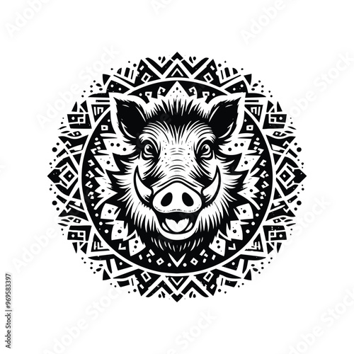 Wart hog in bohemian black and white silhouette illustration -