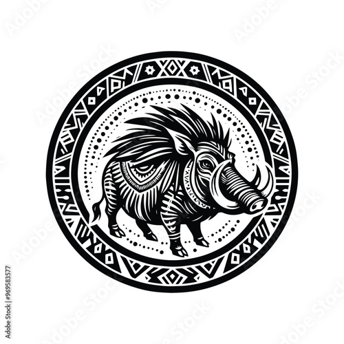 Wart hog in bohemian black and white silhouette illustration -