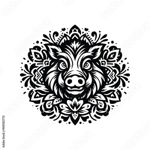 Wart hog in folk art black and white silhouette illustration -