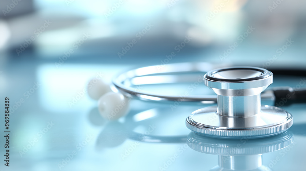 close-up image of a stethoscope resting on a glossy surface. close-up image of a stethoscope resting on a glossy surface.