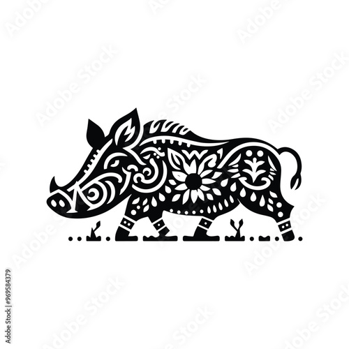 Wart hog in folk art black and white silhouette illustration -