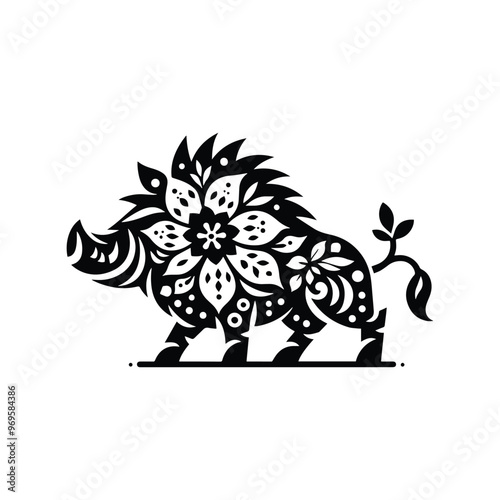 Wart hog in folk art black and white silhouette illustration -